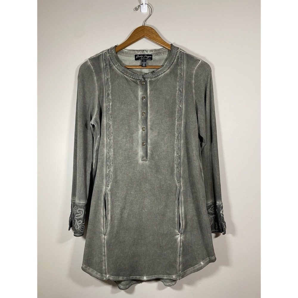 Gretty Zueger Tunic Women SMALL Washed Gray 1/2 Button Embroidered Mini Boho Top
